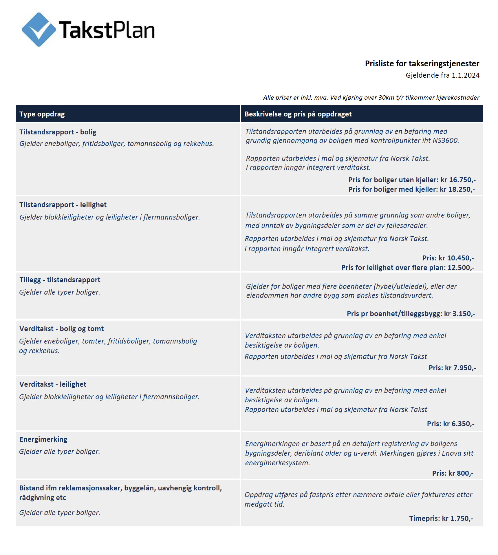 Prisliste takseringstjenester